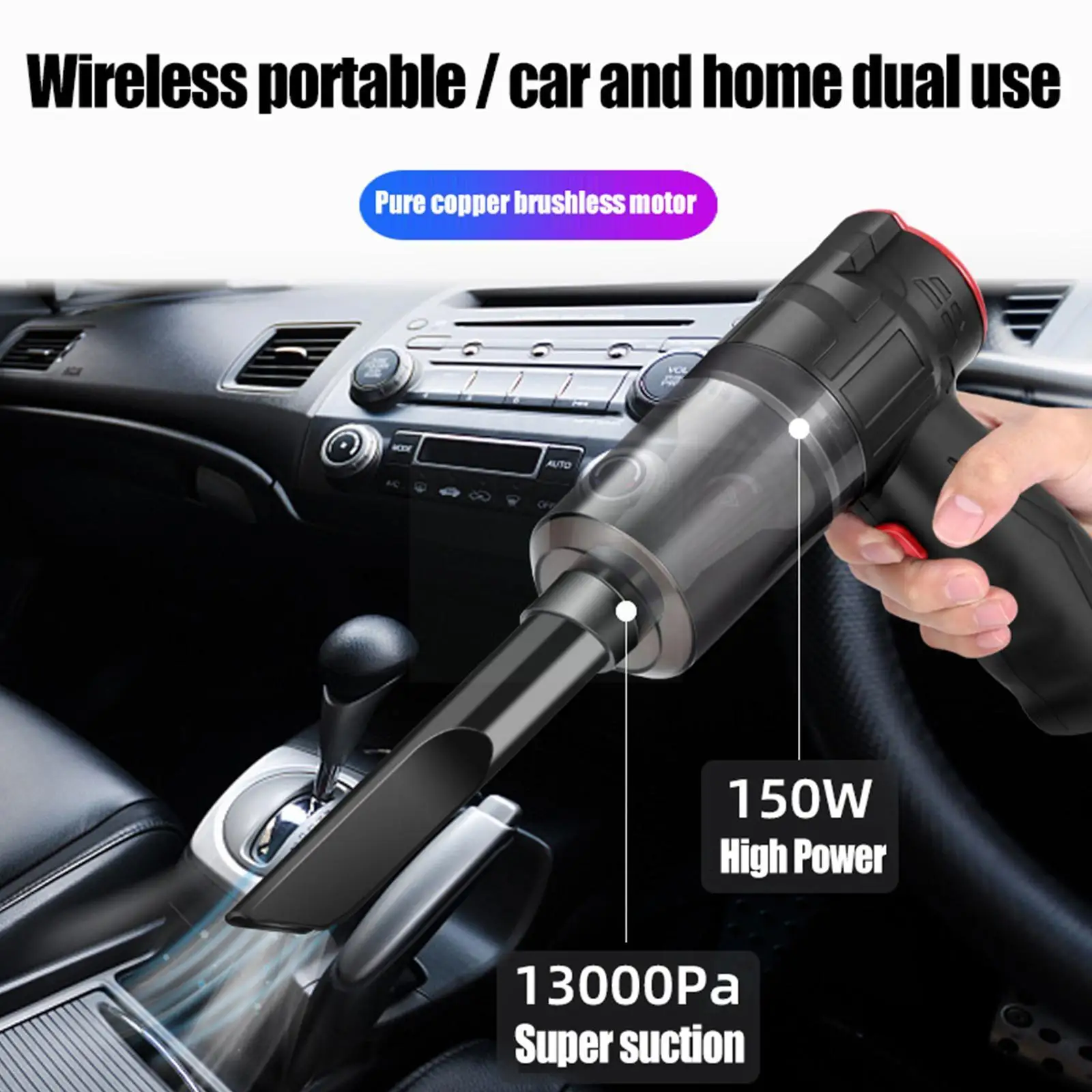 Portable Mini Car Vacuum Cleaner with 150W High Power Car Vacuum,16000PA Cordless Handheld Vacuum Cleaner Wet or Dry for Car Home Interior Cleaning 