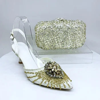 INSIGHTLINK Women's White Color Rhinestones Shoes and Bag Set Pointed Toe Pumps for Wedding Party Diamonds  high heels sandals 1