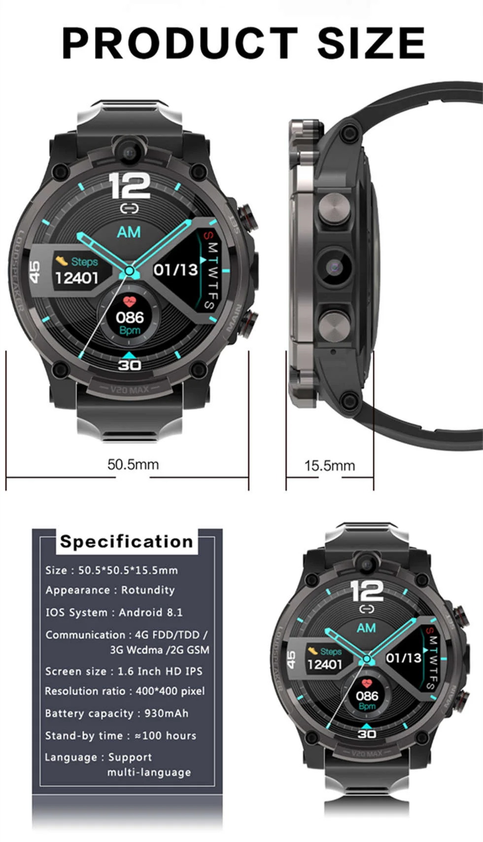 V20 MAX GPS スポーツスマートウォッチ ZiKEEX V20 MAX 4G Smart Watch 4G 64GB 1000mAh Dual Camera