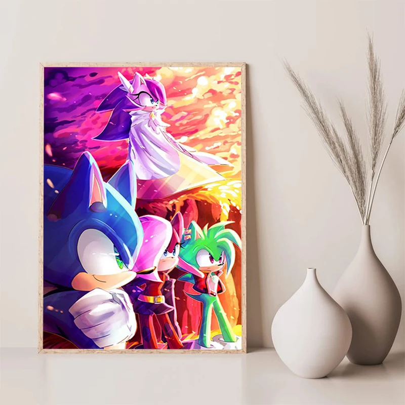 thumbnail image 1 of Pósteres de decoración de sala de juegos S-Sonic H-Hedgehog para decoración de paredes, pintura artística sobre lienzo, pósteres personalizados para el hogar, 1 of 5