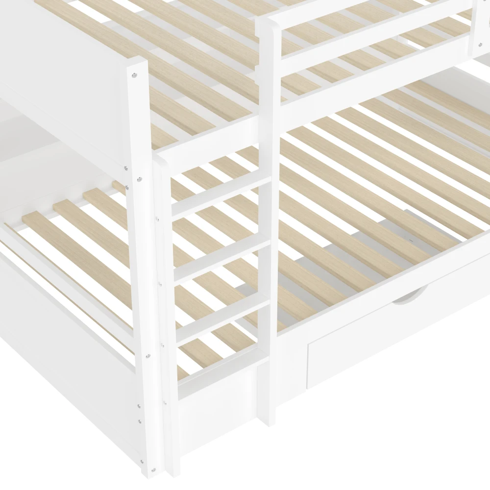 Multifunktionale Doppel-Etagenbetten 90 x 200 cm – Einzelbetten mit Schubladen + großen Stauraumfächern, keine Matratze im Lieferumfang enthalten – Detail 29