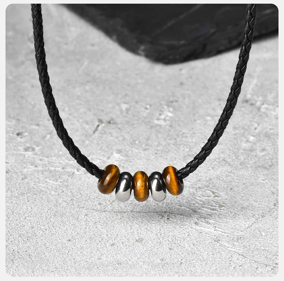 Vnox Edelstahl-Halskette mit natürlichen Tigerauge-Steinperlen für Herren, verstellbarer schwarzer PU-Leder-Seilkragen, Vintage-Schmuck, Geschenk – Detail 5