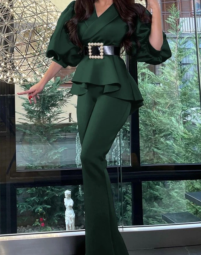 Women's Elegant Casual Two Piece Sets Fashion Autumn 2023 Fashion Outfit V-Neck Lantern Sleeve Ruffles Top and Flared Pants Set