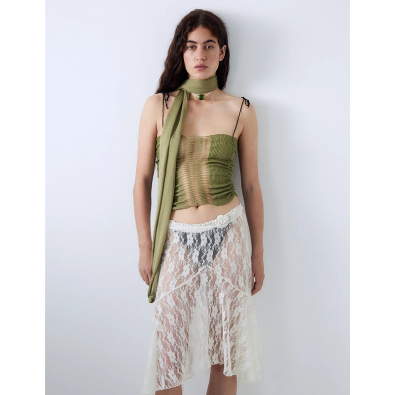 Lace Skirt Women White See Through Floral Lace Low Waist Midi Skirts y2k Aesthetic Fairycore Beach Skirt Clubwear