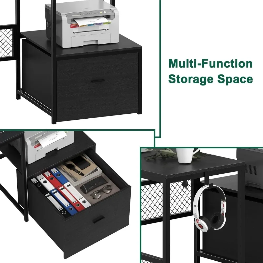 "66-inch executive corner desk with storage, power outlet, and led lighting"