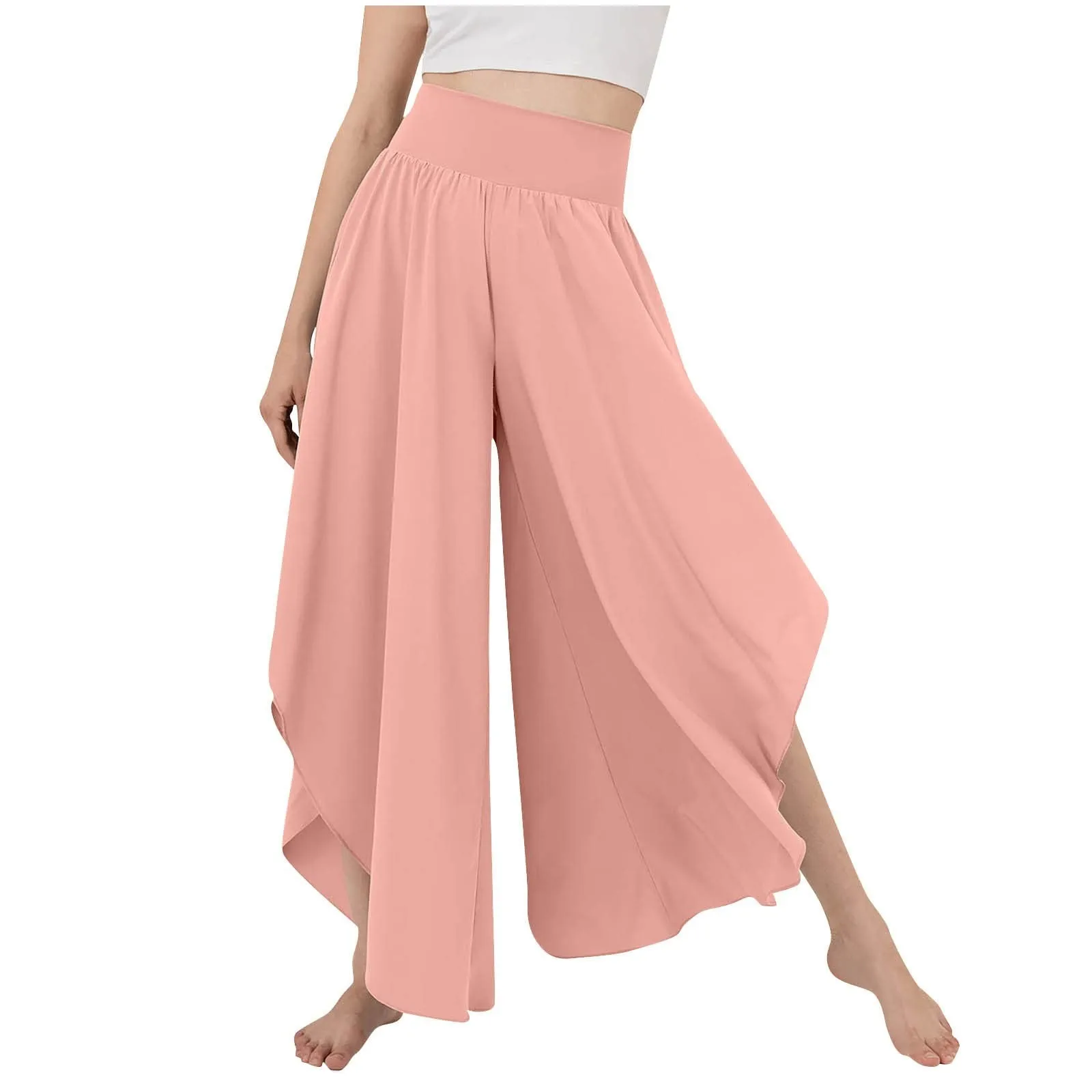 Women's Flowy Large Size Palazzo Pants Irregular Hem High Waist Casual Cropped Pants Summer Lightweight Elastic Beach Pants