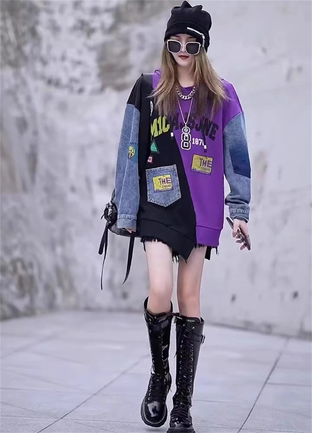 European New Design Sense Wash Denim Splice Spring and Autumn Mid length Loose Hooded Sweater Women's Trend