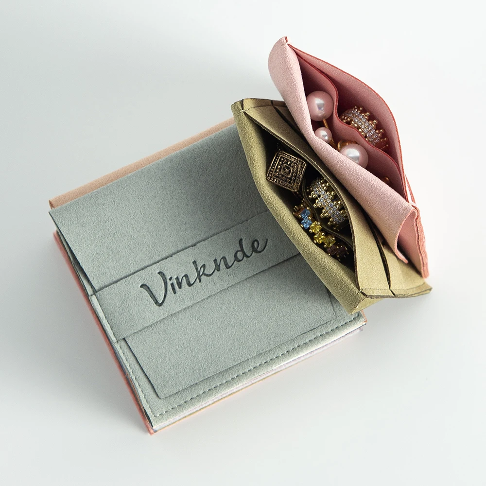 100pcs Custom Logo Microfiber Jewelry Packaging Gift Bags with compartment Envelope Velvet Jewelry Pouch Necklace Ring Gift Bag