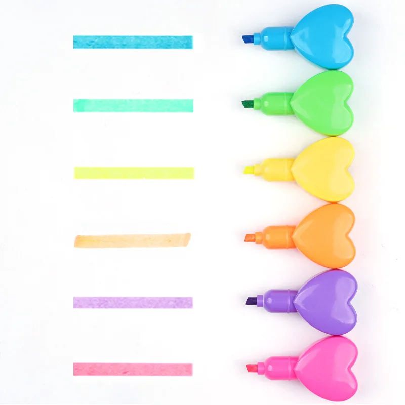 6 Color Marker Pens Kawaii Love Heart Highlighters DIY Scrapbooking Planner Journal Decorations Cute Office School Supplies