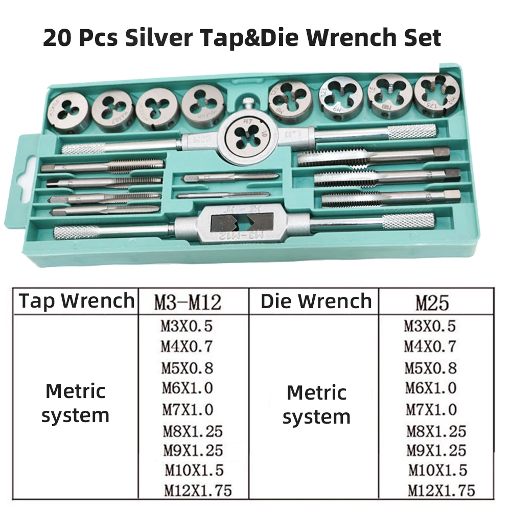 20 pièces ensemble de matrices de taraud M3-M12 forets à filetage  métallique en acier allié vis Femetal clé de placage en titane pour outils  d'atelier mécanique