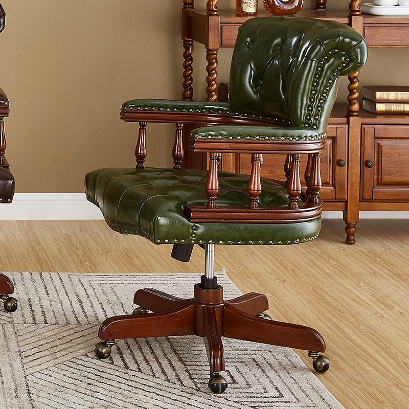 

American-Style Solid Wood Computer Chair Leather Swivel Chair Home Office Chair European-Style Study Chair Chair Lift Live Chair