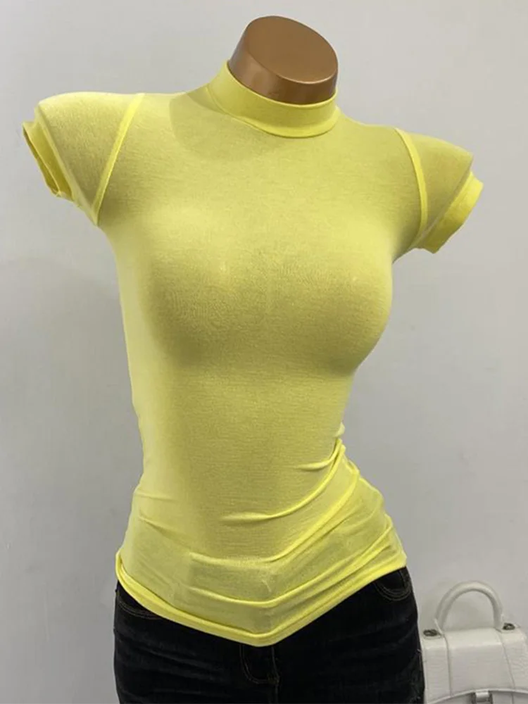 하프 하이 칼라 티셔츠 한국 투명한 반팔 슬림 피트 탄성 솔리드 내부 바닥 셔츠 섹시한 큰 가슴 티셔츠
