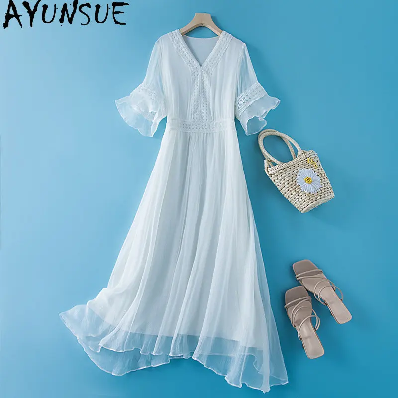 

95% Mulberry Silk Mid-Long Dresses for Women Summer New White Fairy Style Dress Women's Clothing High Waisted V-neck Vestidos