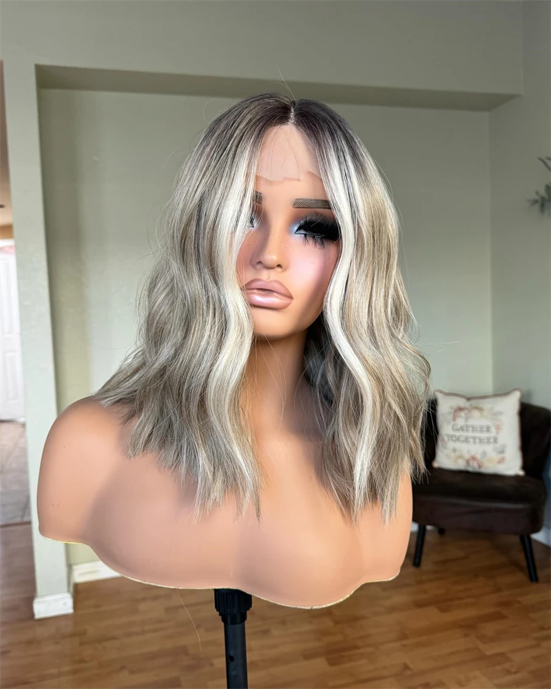 Mixed Ash Grey Blonde Lace Wig Natural Soft HD Synthetic mixed Human Hair Wigs Wavy Lace Frontal Wigs Glueless High Density