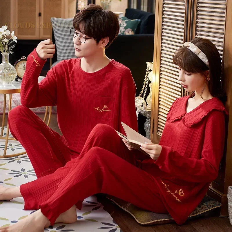 

Loungewear Pyjamas Couple O-neck Matching Mens Knitted Suits Sleepwear Sleep Pajama Spring Autumn Pajamas Sets Wedding PJ
