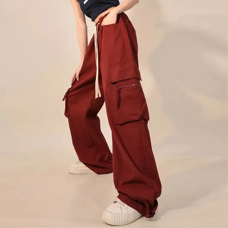 

Autumn winter American cargo pants women large pockets red loose casual pants couple cotton high-waist women's straight pants