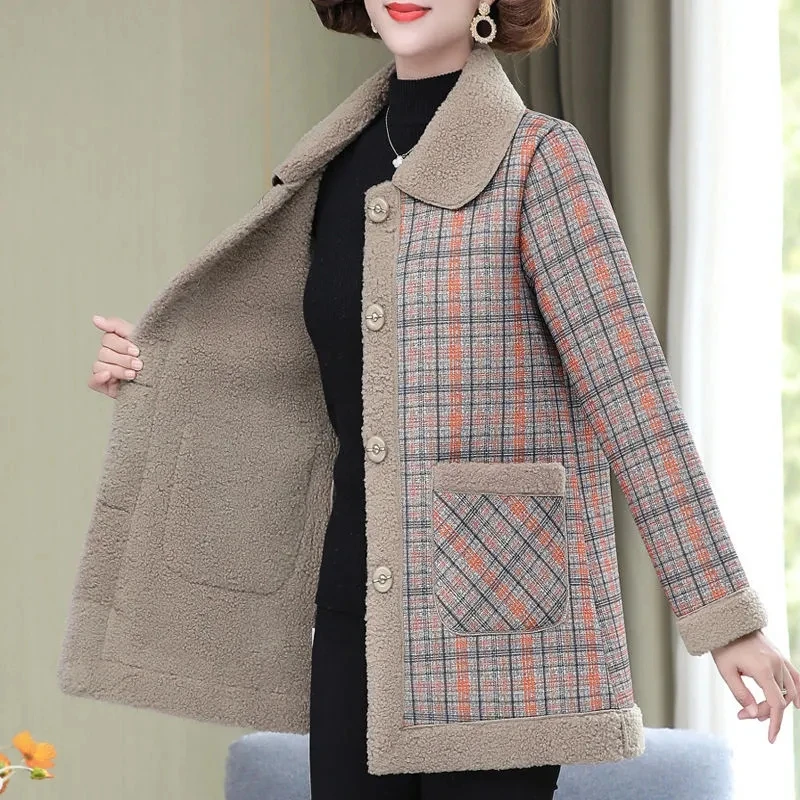 

Faux Lamb Velvet Jacket Women Thicken Casual Single Breasted Plaid Windbreaker Autumn Winter Turndown Collar Pocket Trench Coat