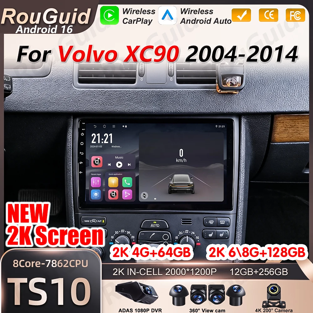 Radio para Auto con Android 16 y Carplay para Volvo XC90 2004 2005 2006 2007 2008 - 2014, Estéreo BT, Pantalla Táctil 2K, Reproductor Multimedia para Auto 1