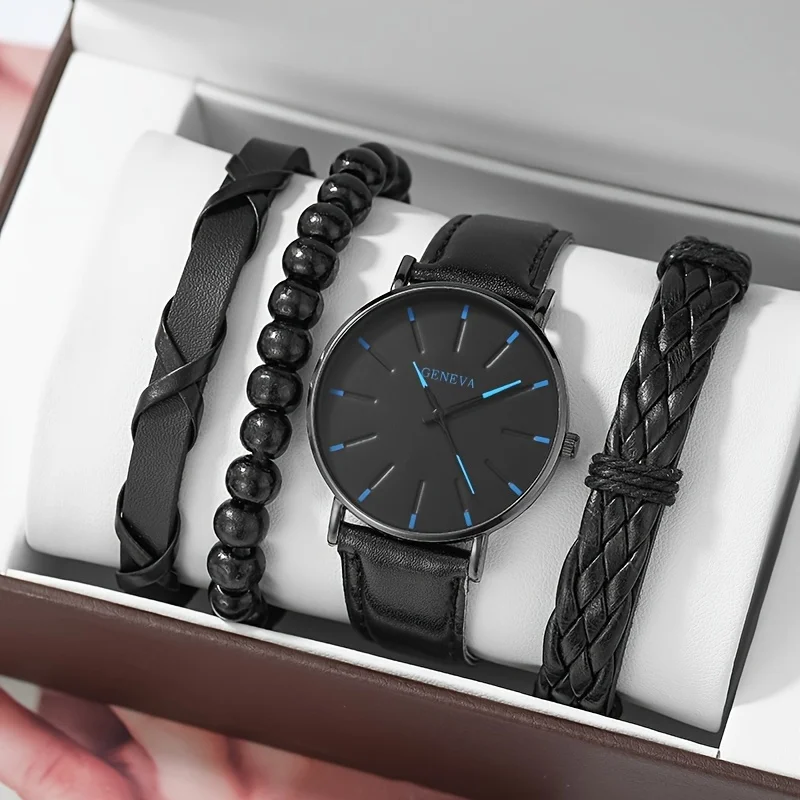 

4pcs/set Men's Electronic Round Pointer Quartz Watch & 3Pcs Bracelet Set