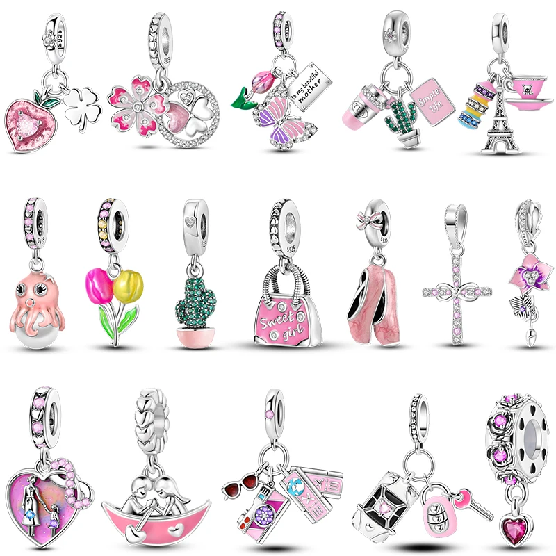 2026 Neuer Rosa Charm aus 925 Sterling Silber, Herz-Schleife-Parfüm-Rosen-Perlenanhänger, passend für europäische Armbänder, DIY, romantisches Geschenk für Frauen