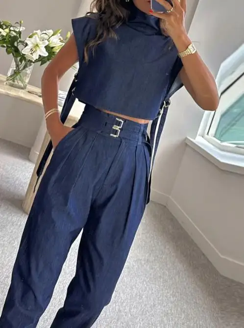 Two Piece Casual Summer Fashion Women's Half High Collar Short Sleeved Blouse Top Buckle High  Waist Pocket Wide Leg Pants Set