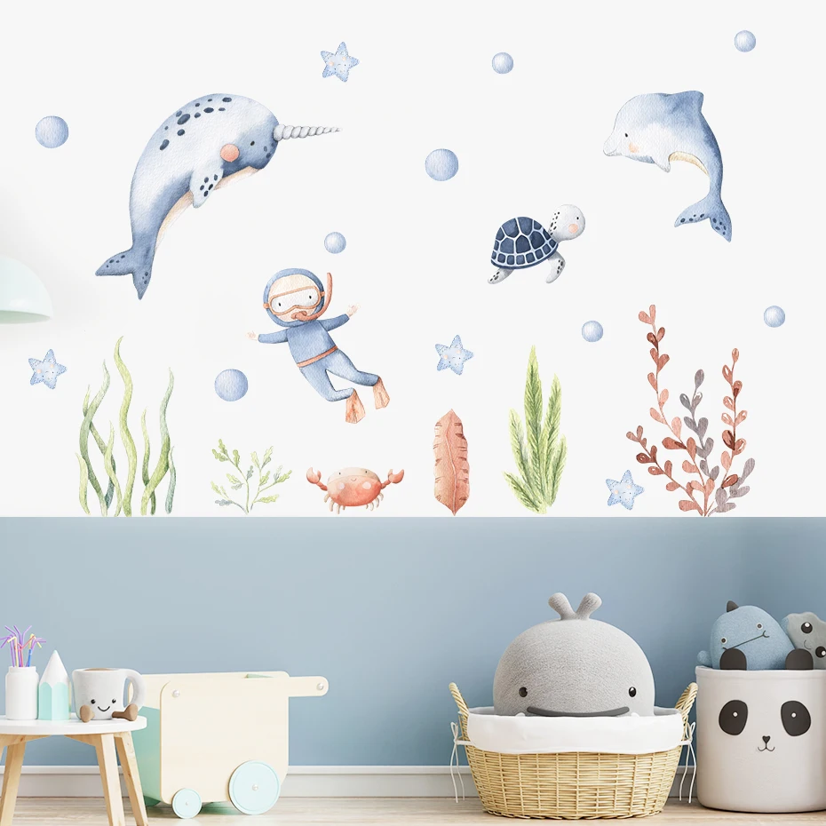Wall Stickers Cartoon Cute Ocean Animal Watercolor Nursery Stickers Removable Wall Decals Art Print Kids Boys Room Interior Home Decor