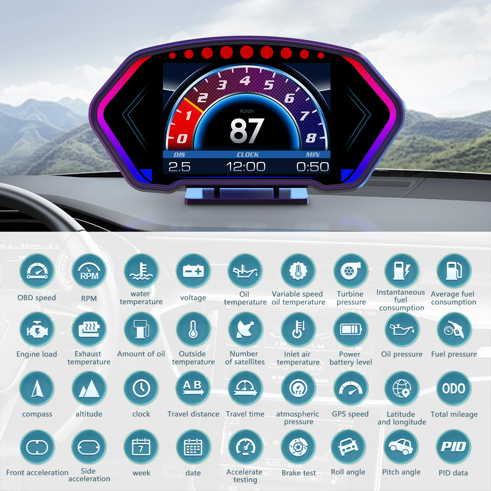 6인치 화면 P3 헤드업 디스플레이 OBD + GPS HUD 속도계 전압 시간 위도 경도 고도 표시 경사계 게이지
