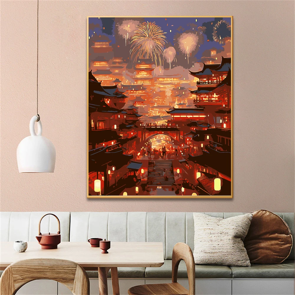 

Картина по номерам для взрослых, фейерверк, здание, Прямая поставка, холст, масляный Декор для дома