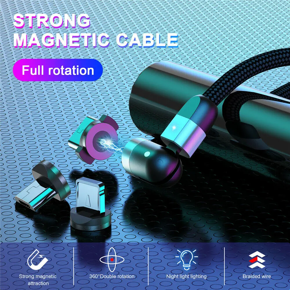 Магнитный зарядный кабель со светодиодной подсветкой, зарядный кабель USB Type-C с поворотом на 540 градусов, микро зарядное устройство А, 1 м, 2 м, 3 м для телефонов Samsung, Xiaomi, Huawei