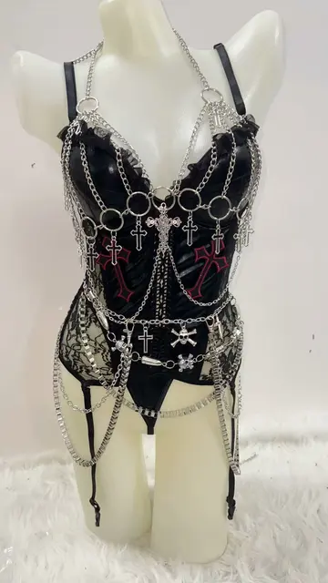 Lace Trim Bustier Top with Garter Clips and Metal Jewellery 2