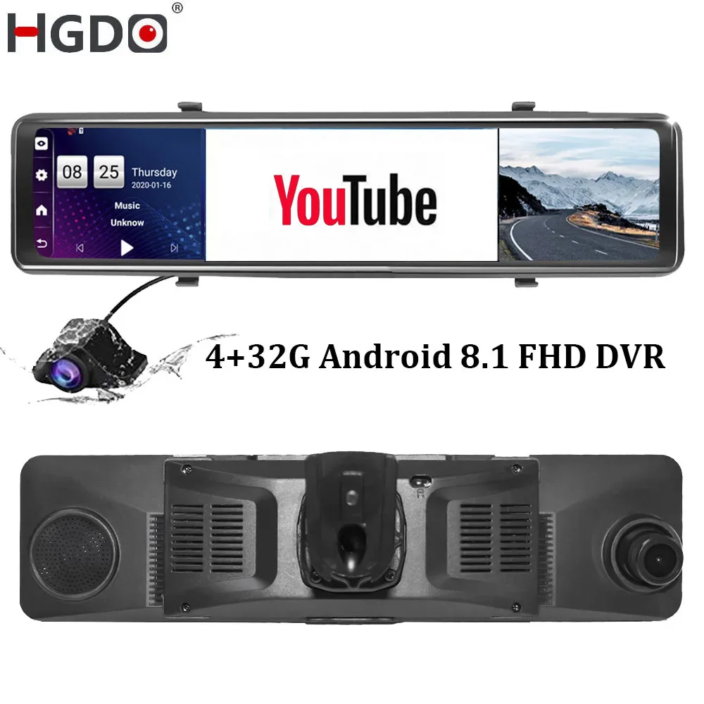 HGDO 4G Car DVR Mount 12&rdquo; Android 8.1 ADAS Rear View Mirror Camera FHD 1080P WiFi GPS Dash Cam Registrar Video Recorder 4G+32G