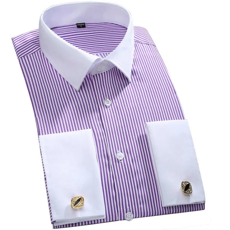 

Fashion Gentle Formal Mens French Cuff Dress Shirt Men Long Sleeve Solid Striped Style Men's Shirts Cufflink Include Plus Size