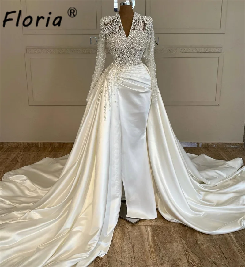 

Vestido De Noiva Elegant Pearls Crystal Mermaid Wedding Dress Long Sleeves Detachable Overskirt Satin Bridal Gown Dubai Woman