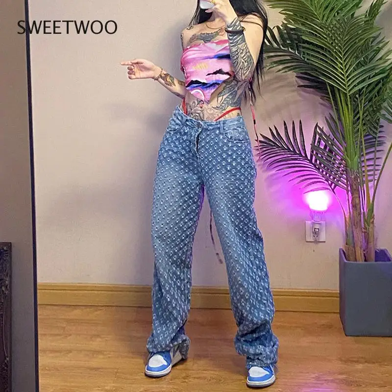 

Women Jeans Fashion Stitching Plaid Hollow Street Jeans High Waist Button Straight Leg Pants Korea Loose Denim Ripped Pants