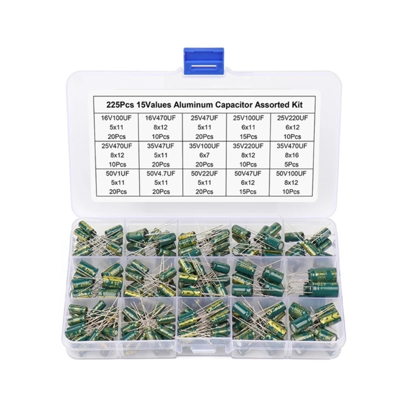 652F 225PCS Assorted Aluminum Capacitors Comprehensive Capacitor Set Simple to Operate for DIY Electronic Projects & Repairs