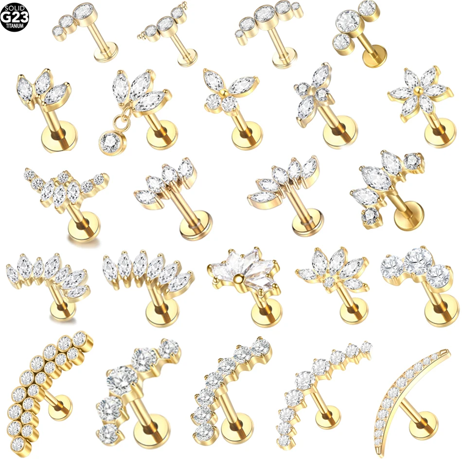 1Pc G23 Titanium Zircon Labret Lip Ring Ear Stud Ear Tragus Cartilage Helix Piercing Internal Thread Earrings for Women 16G
