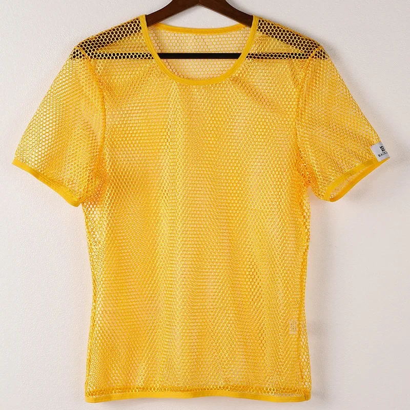 Mens Mesh T-Shirt New Summer See Through Hollow Out Breathable Streetwear Tops - 3