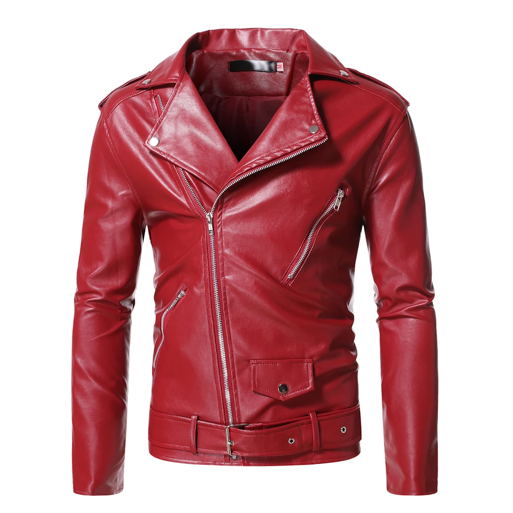 Men Red Leather Jackets Slim Fit Pu Motorcycle Jackets New Fashion Male Diagonal Zipper Leather Coats Spring Casual Jackets 5XL blue leather jacket mens Casual Faux Leather