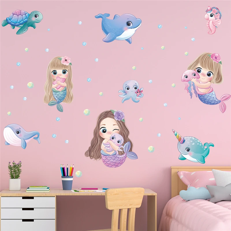 

Мультяшная Русалка, Кит, морские цветы, фотообои для детской спальни, ванной комнаты, украшение для океана, фотообои, плакат из ПВХ