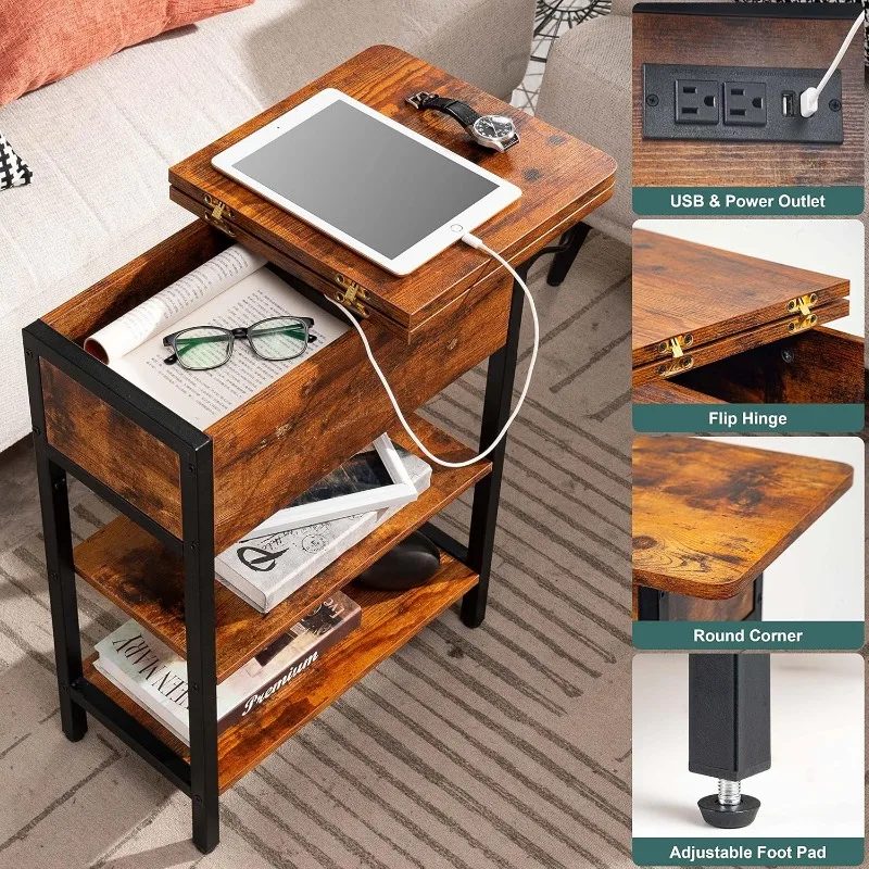 End Table with Charging Station, Flip Top Side Table with USB Ports and Outlets, Sofa Couch Table Bedside Table 5