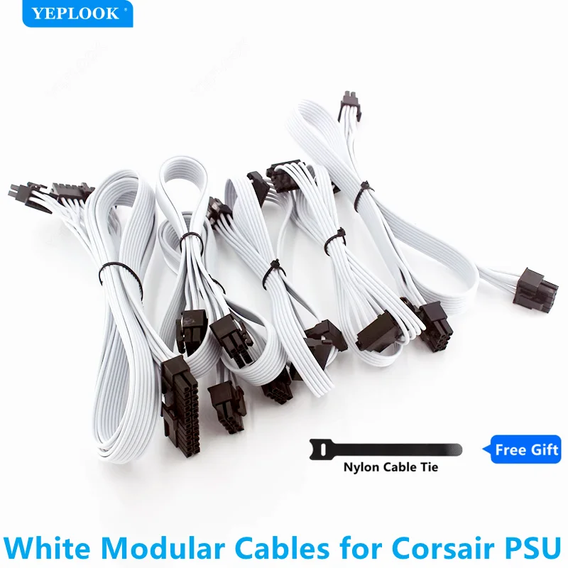 White Modular Power Cable GPU PCIe 8Pin, CPU SATA Molex, 24Pin for CORSAIR RM RMX RMi RMe HX HXi AX AXi SF TX-M CS CS-M CX-M PSU