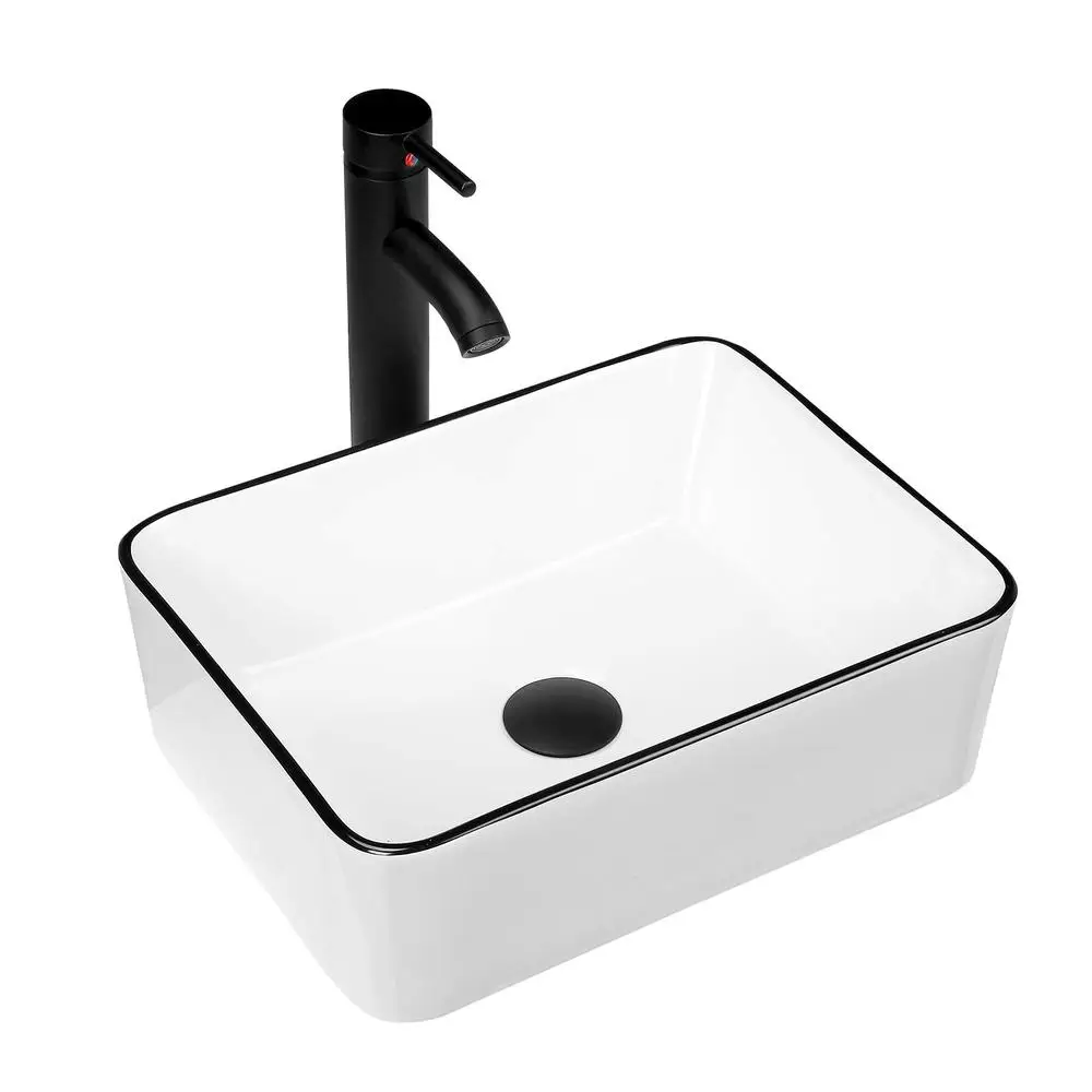 Rectangle Ceramic Vessel Sink White 16''x12'' Above Counter Small Porcelain Black Body Combo 2