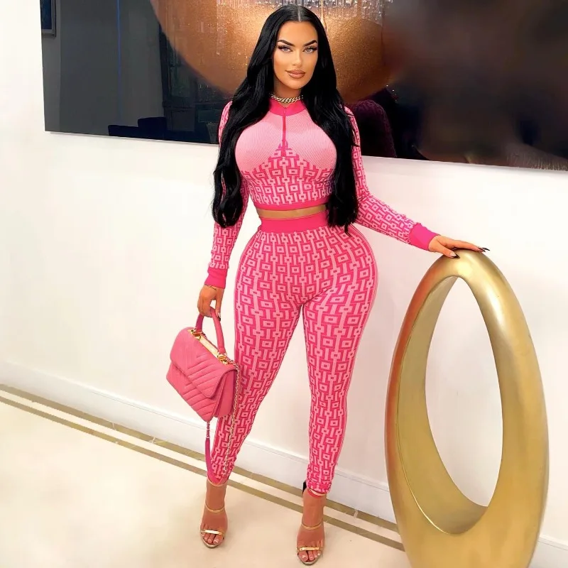 Casual Position Printed Two Piece Set Women Outfits 2023 Autumn Long Sleeve Half Zipper Crop Top Slim Pants Casual Tracksuit