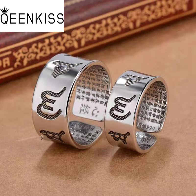 

QEENKISS RG6749Fine Jewelry Wholesale Fashion Woman Man Single Birthday Wedding Gift Round Mantra 925 Sterling Silver Open Ring