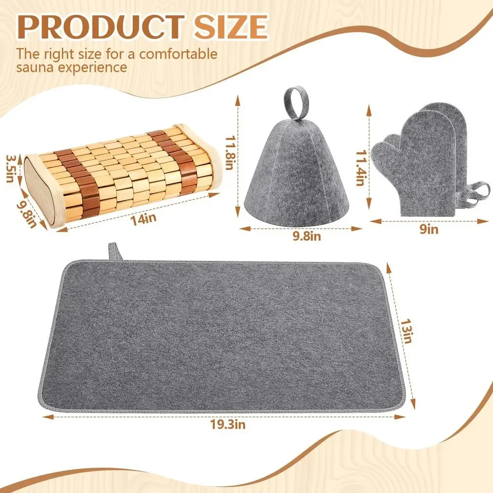 Bamboo Sauna Pillow Head and Neck Rest Set Gloves Hats Mat Kit Spa Supplies Kit Relaxation Comfort Kit Outdoor Indoor Use Kit 3