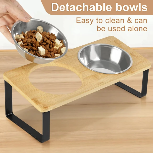 Elevated Cat Food Bowls with 15° Tilt - Raised Pet Feeder Featuring Wooden Stand and Two Stainless Steel Bowls for Cats and Pupp 4
