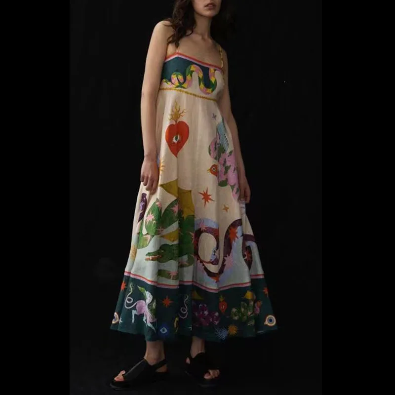 

Holiday Beach Skirt 2023 fashion print graffiti stitching sling flounce dress female