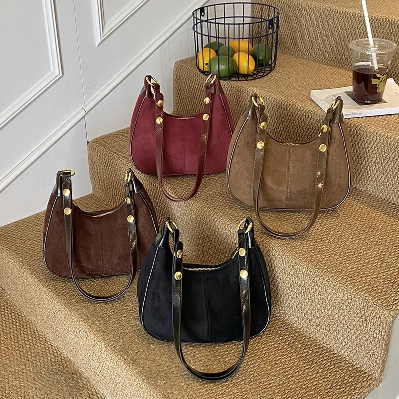 Faux Suede Solid Color Large Capacity Hobos Shoulder Bags for Women High Quality Versatile Undearm Ruched Handle Bags