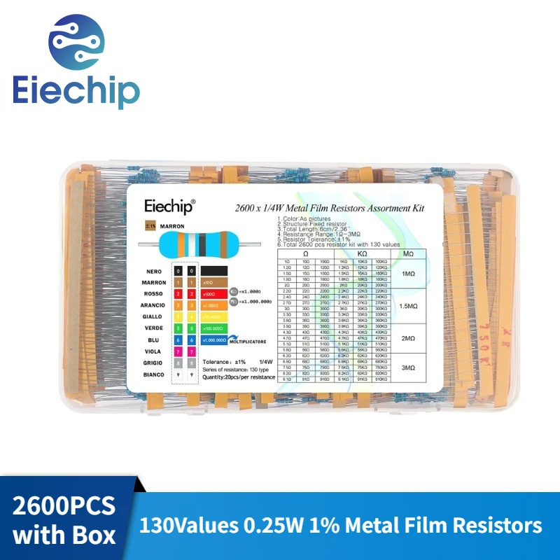 Kit Resistore 525 Pezzi, Assortimento di 17 Valori 0 Ohm-1M Ohm 1% Compatibile con Arduino e