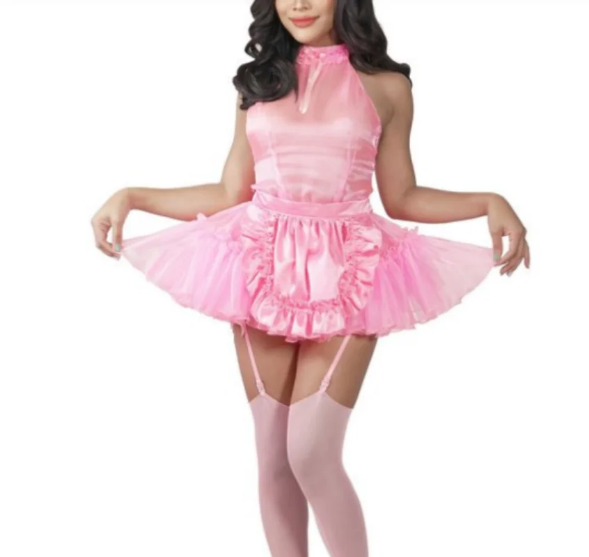 

Sissy Dress, Round Neck, Off the Shoulder Short Satin Patchwork with Sheer Fabric and Apron Sexy French Sissy Pink Satin Dress